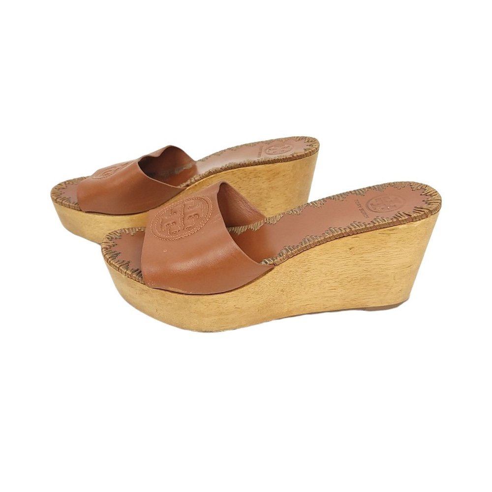 Tory Burch Patty Wedge Slide Sandals Brown Leather Women Size 6 Platform Heels